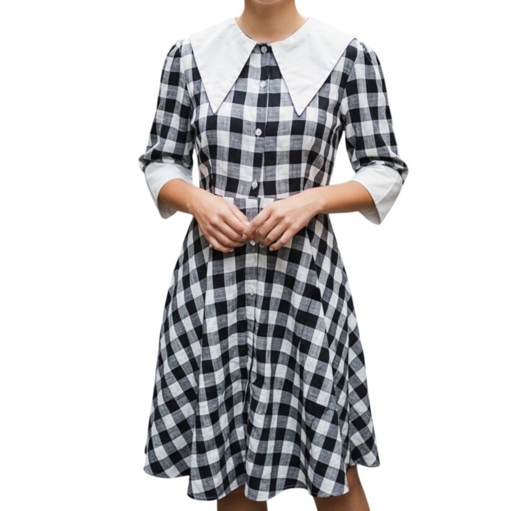 Heaven Collection‎ Gingham Academia 3/4 Sleeve Midi A Line Button Dress M